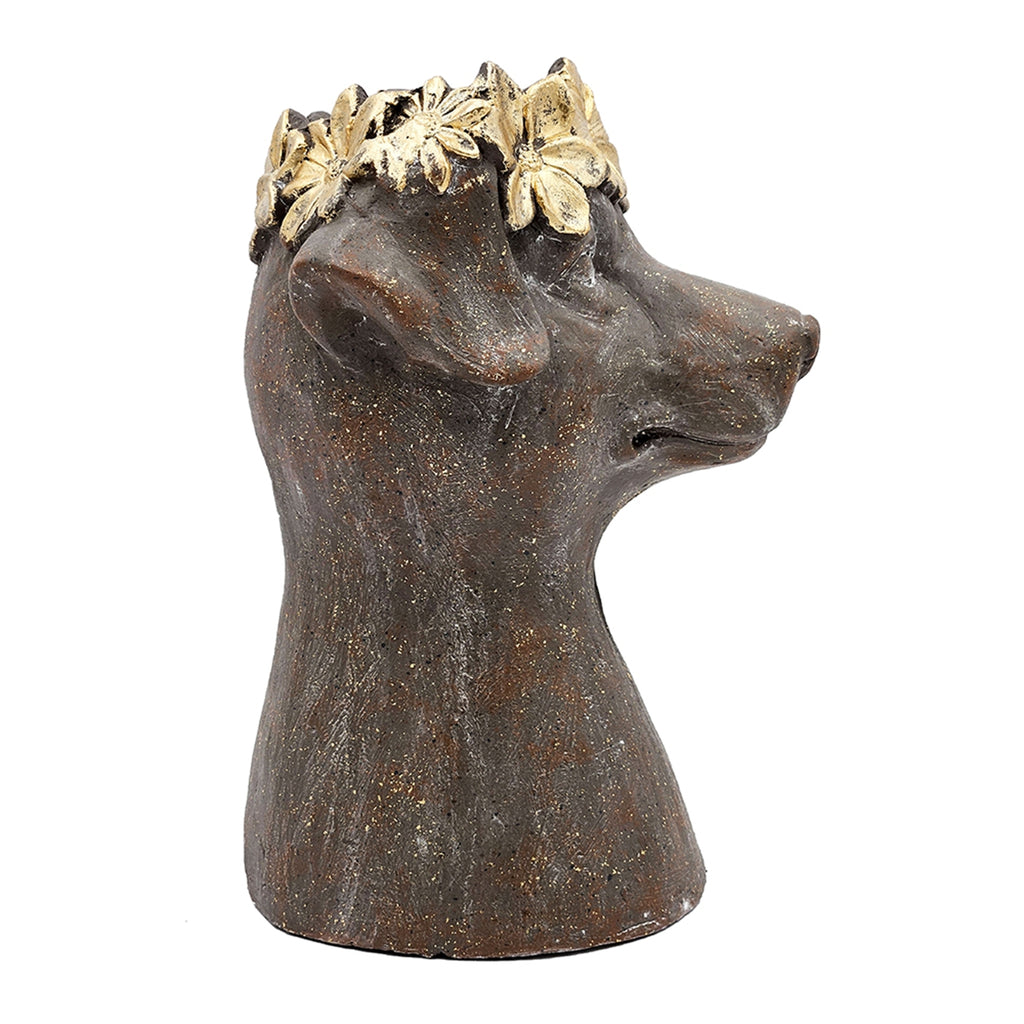 Magnesium Dog Statue Planter, 9.3 x 13 Inches, Brown with Gold Leaf Crown