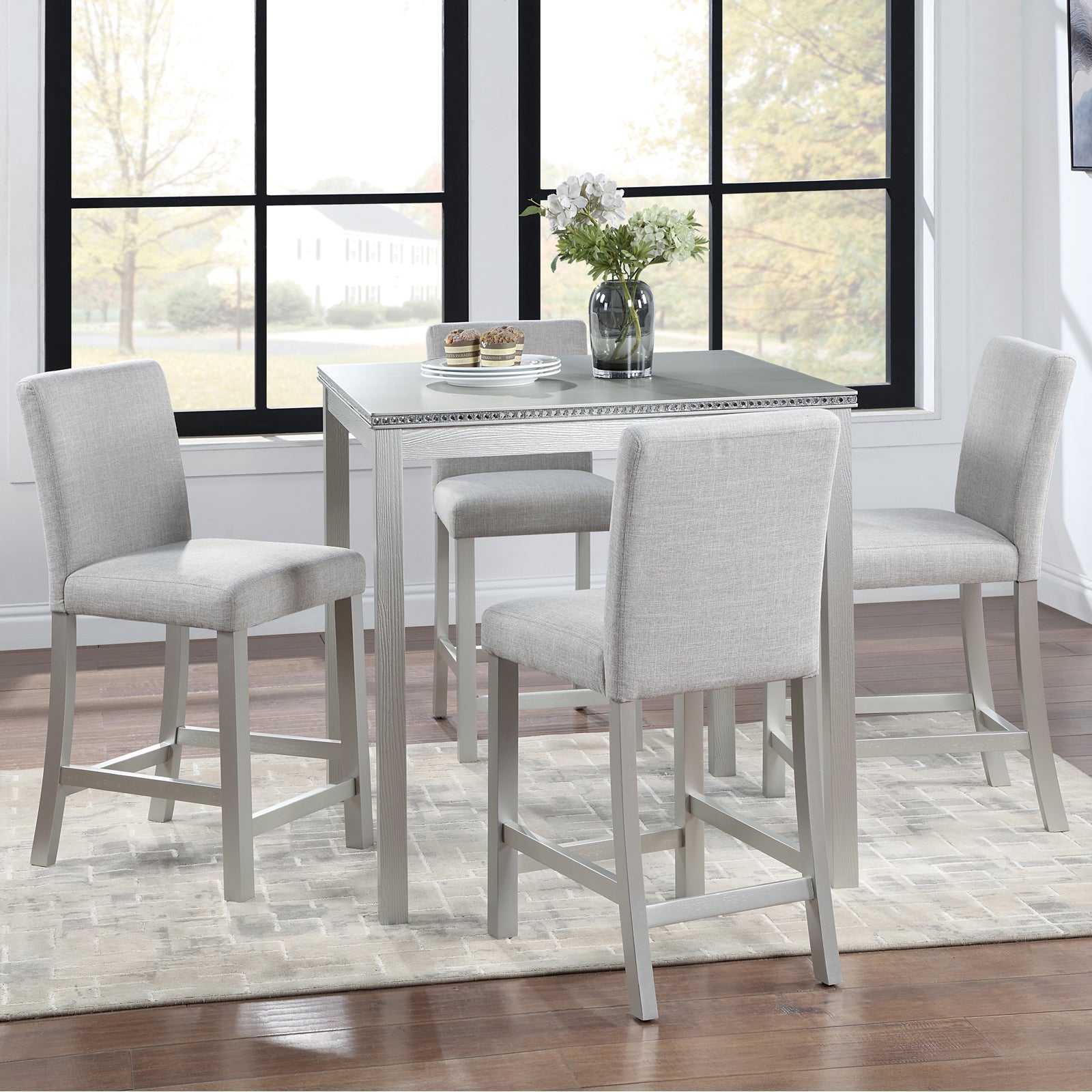5 Piece Counter Height Table Set with Upholstered Chairs