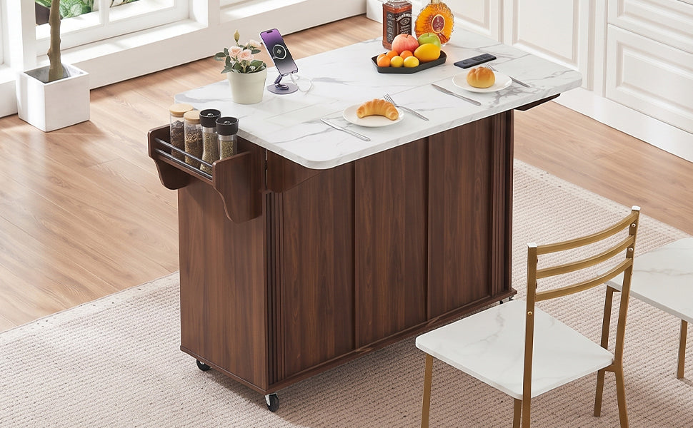 K&K 53.6" Kitchen Island with Drop Leaf, Rolling Cart on Wheels, Walnut Brown
