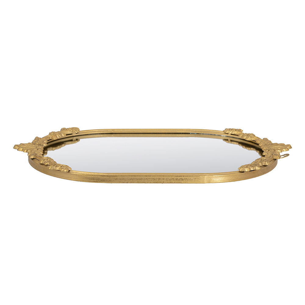 Decorative Mirror Tray with Gold Iron Frame and Floral Accents, 22.7-Inch