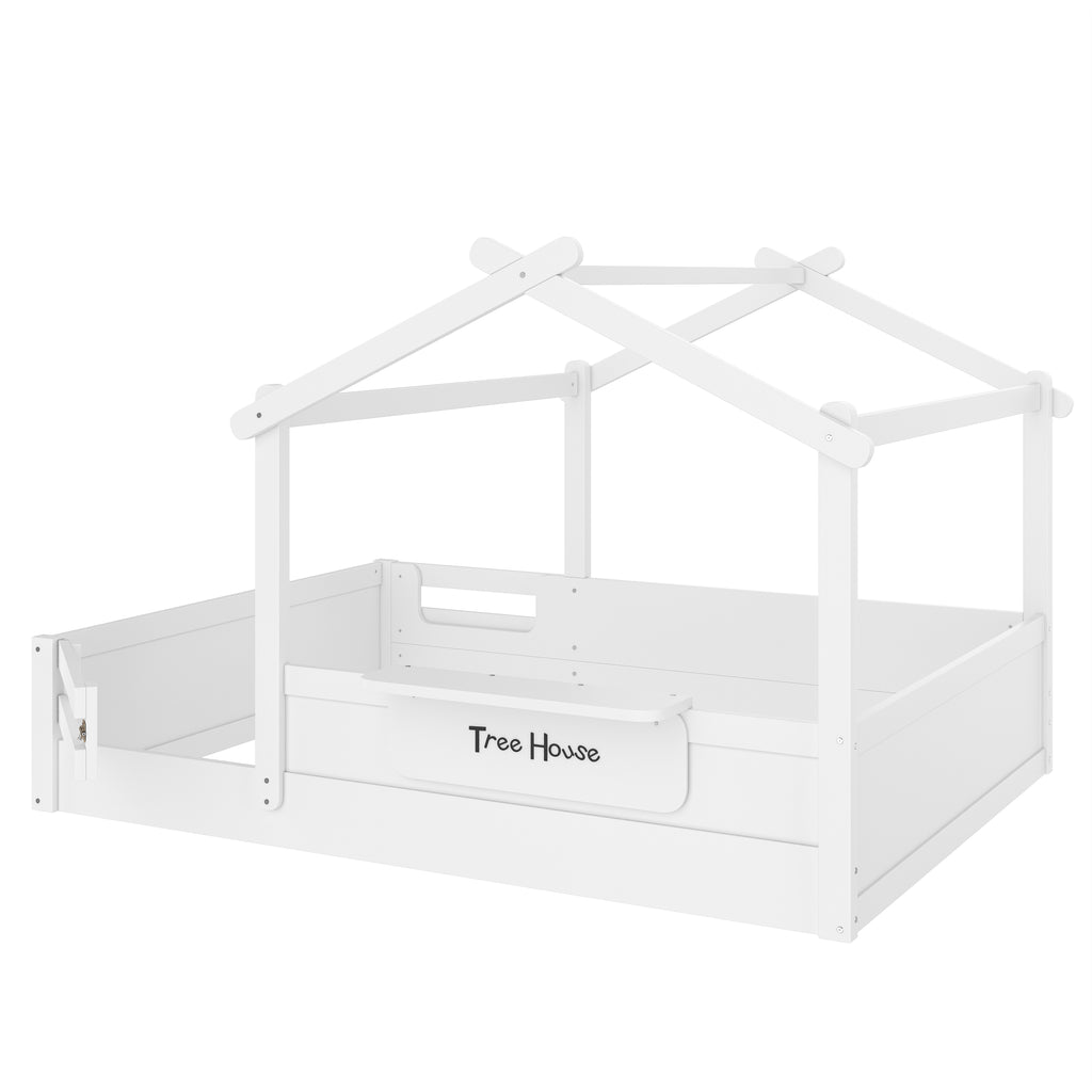 Full Size Floor Bed with Guardrails and Roof for Kids