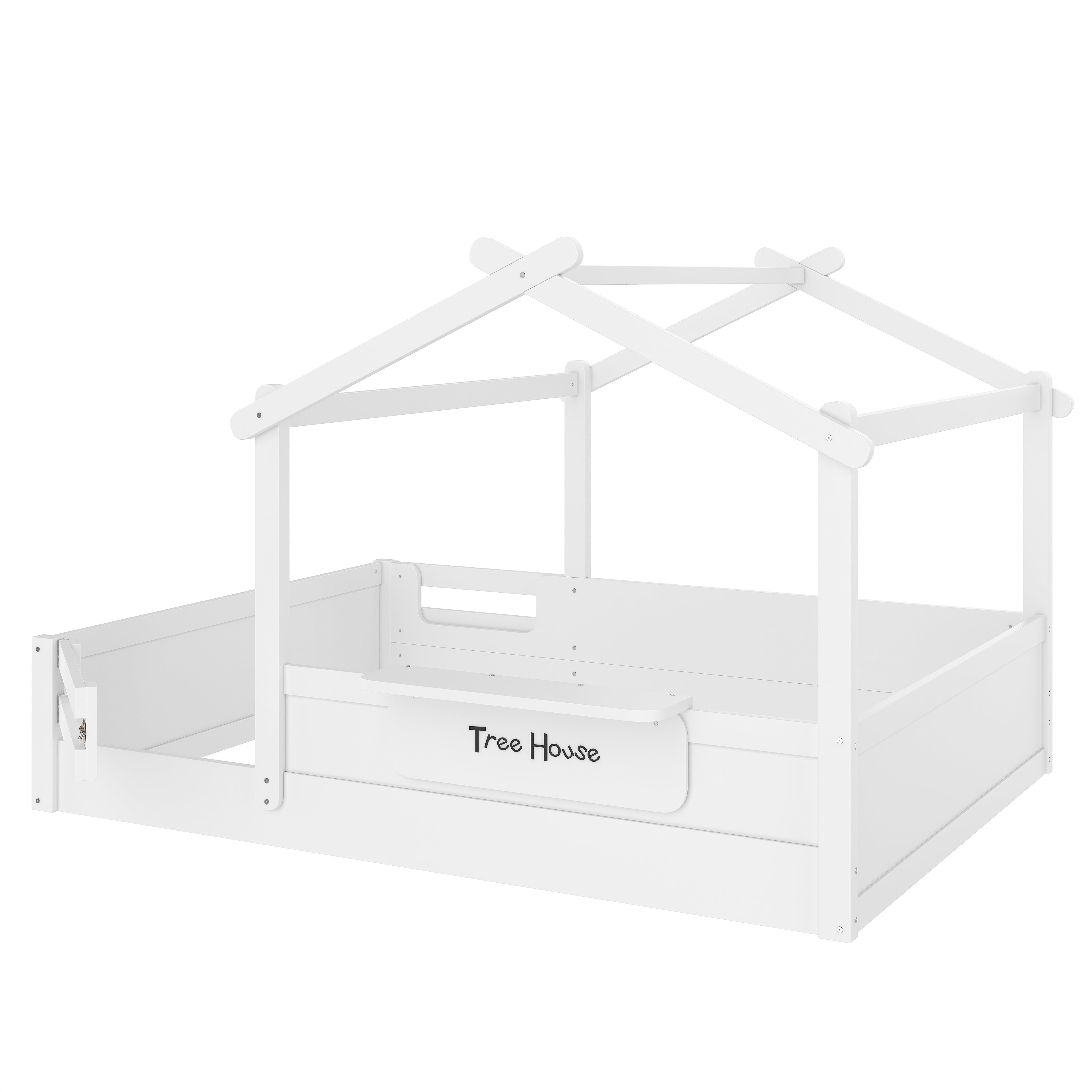 Full Size Floor Bed with Guardrails and Roof for Kids