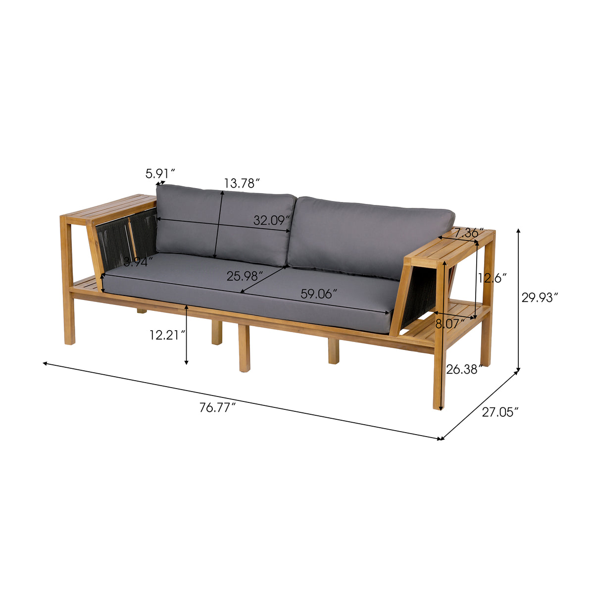 Teak Finish Acacia Wood Outdoor Daybed Sofa Set with Rope Panels, Grey Cushions