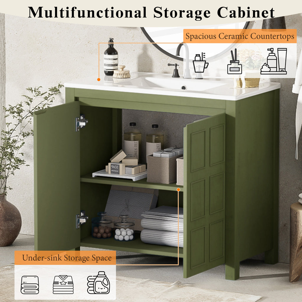 36" Bathroom Vanity Organizer with Ceramic Sink in Olive Green