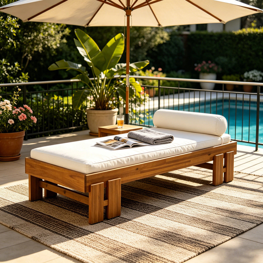Teak Finish Acacia Wood Daybed with Cream Cushion