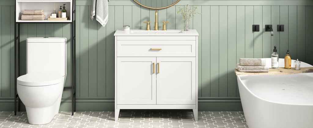 30-Inch Bathroom Vanity with Ceramic Sink, Soft-Close Doors, White