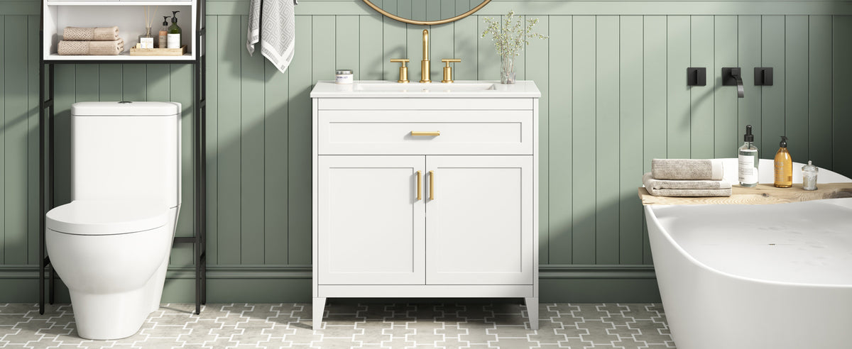 30-Inch Bathroom Vanity with Ceramic Sink, Soft-Close Doors, White