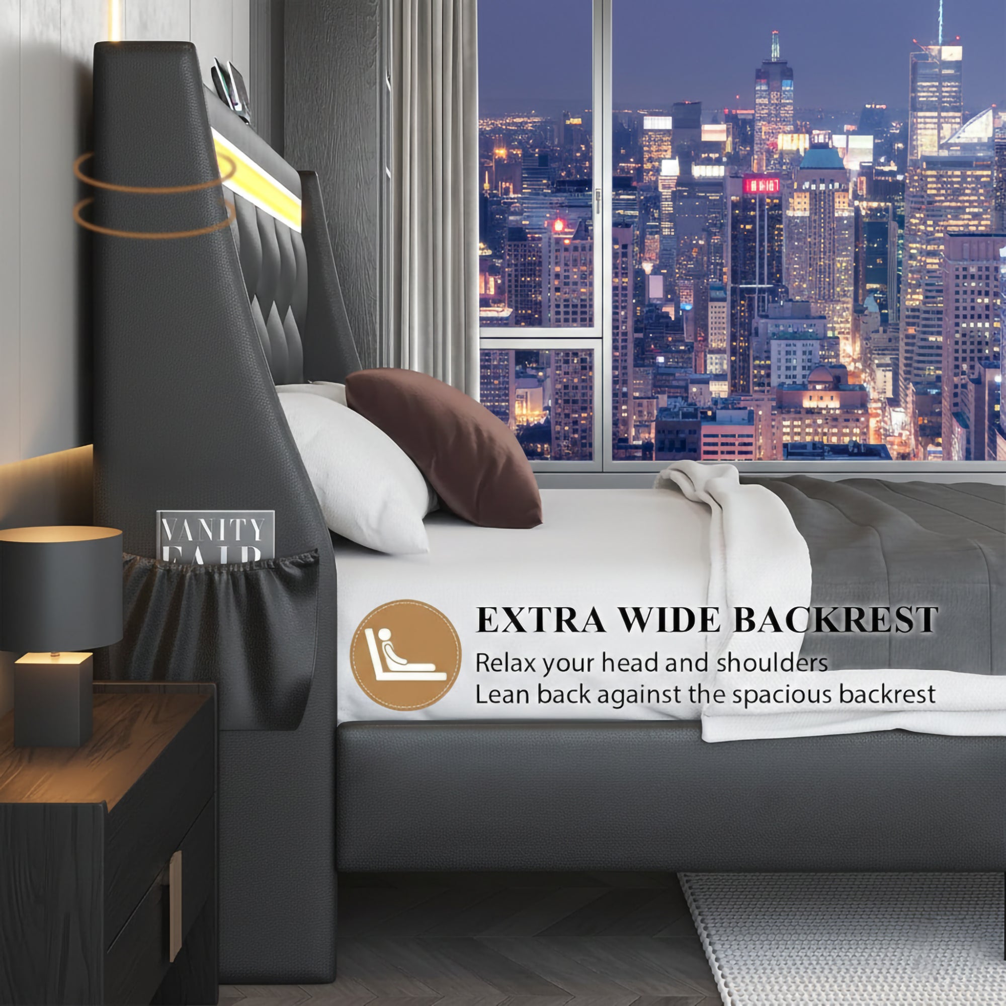 Full Size Bed Frame with LED Lights & Charging Station