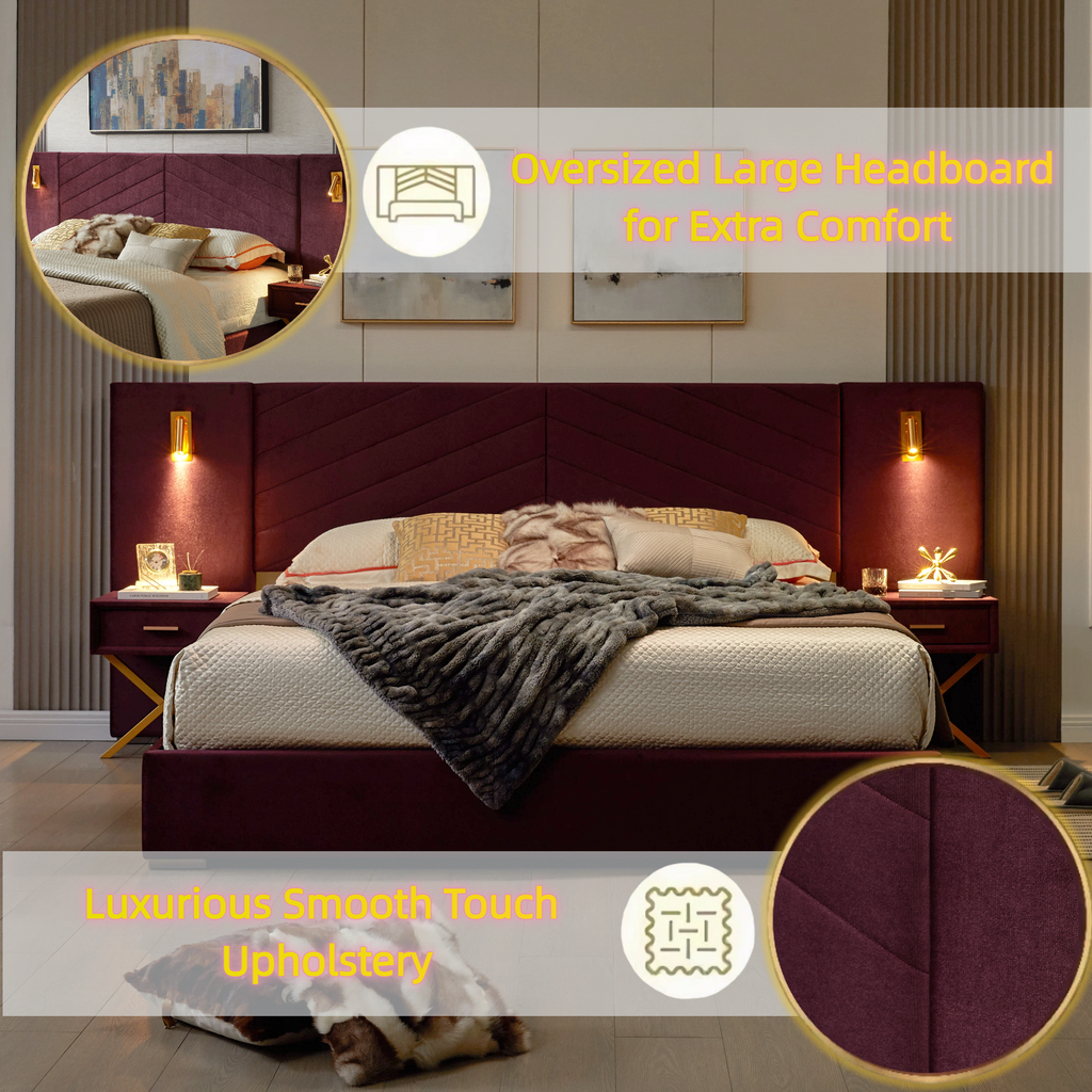 King Size Velvet Bed Frame with Vertical Channel Tufted Wingback Headboard