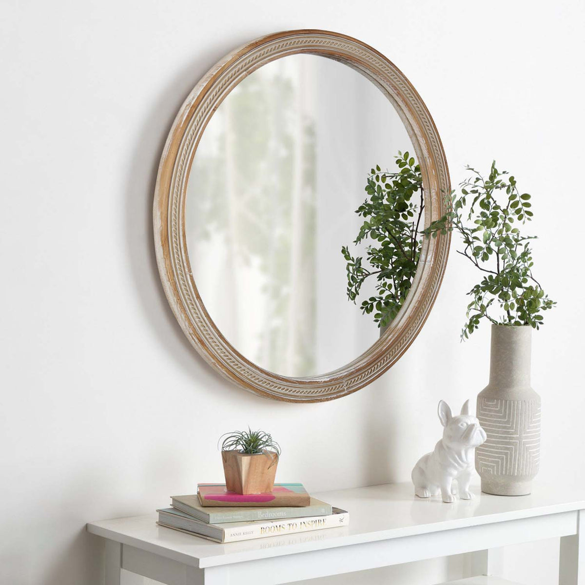 Round Decorative Wall Mirror with Woven Rattan-Textured Frame