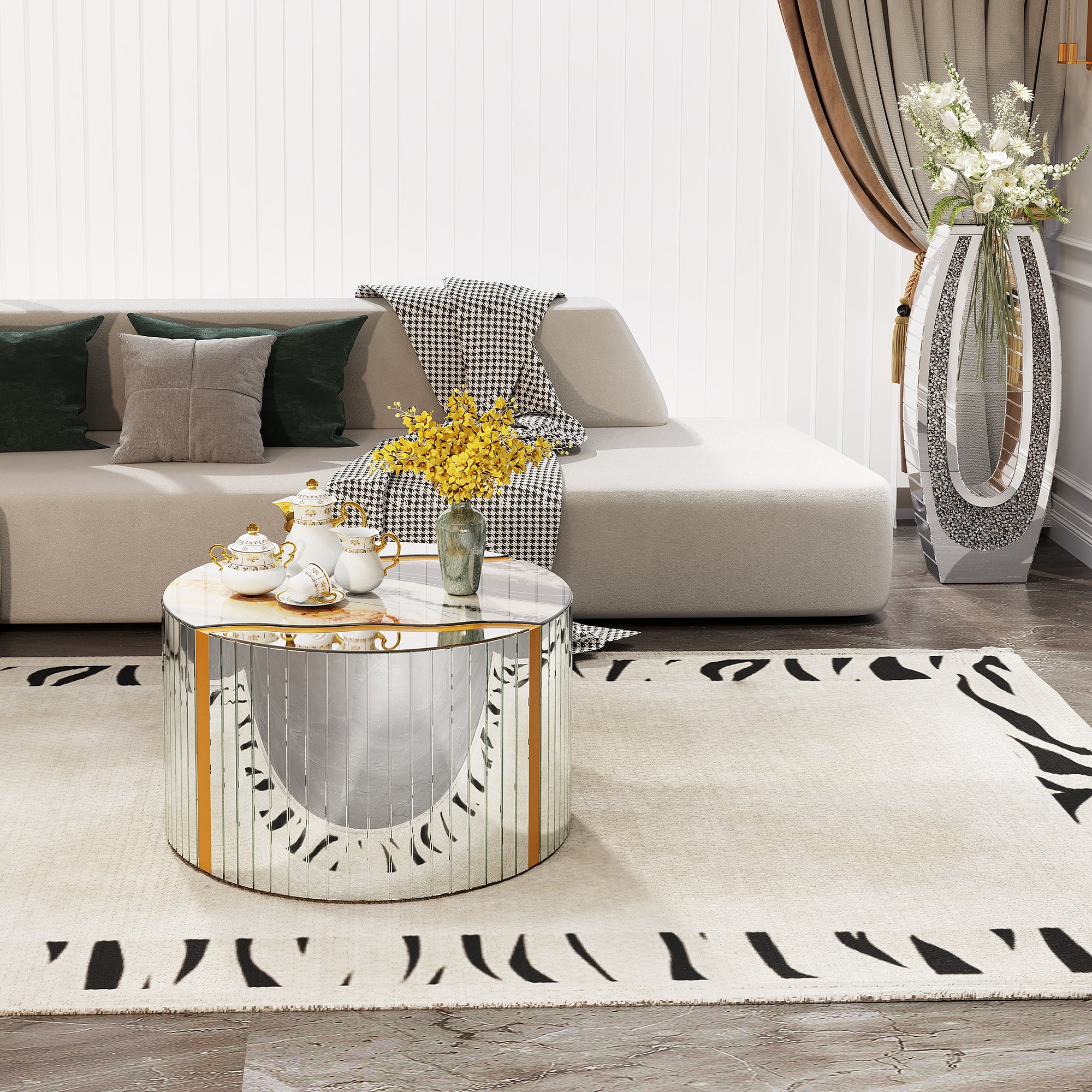 White Marble Pattern Sticker Round Coffee Table