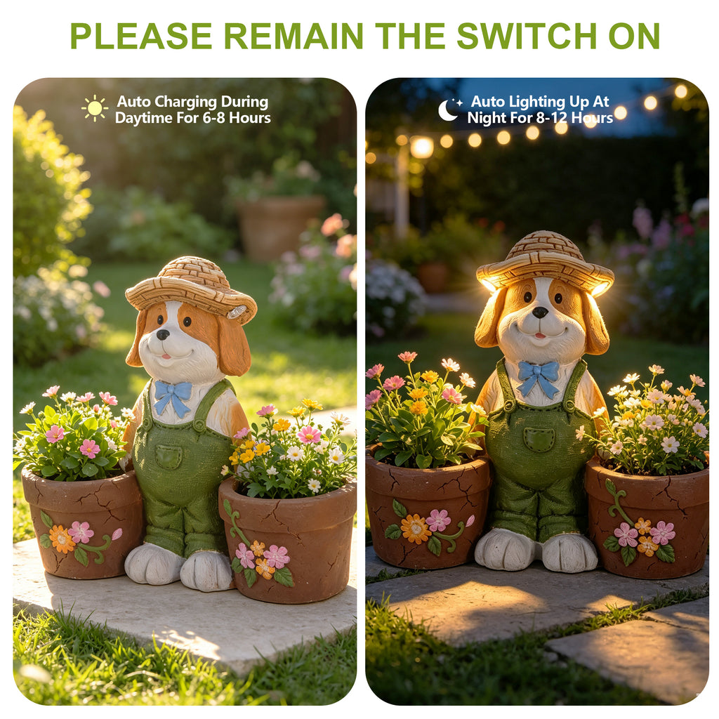 Magnesium Oxide Dog Statue Planter with Solar LED Lights in Ears, Dual Flower Pots Garden Decor, 21", for Patio & Doorway