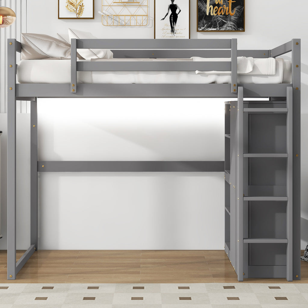 Wood Full Size Loft Bed With Built-in Wardrobe and Storage Shelves