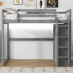 Wood Full Size Loft Bed With Built-in Wardrobe and Storage Shelves