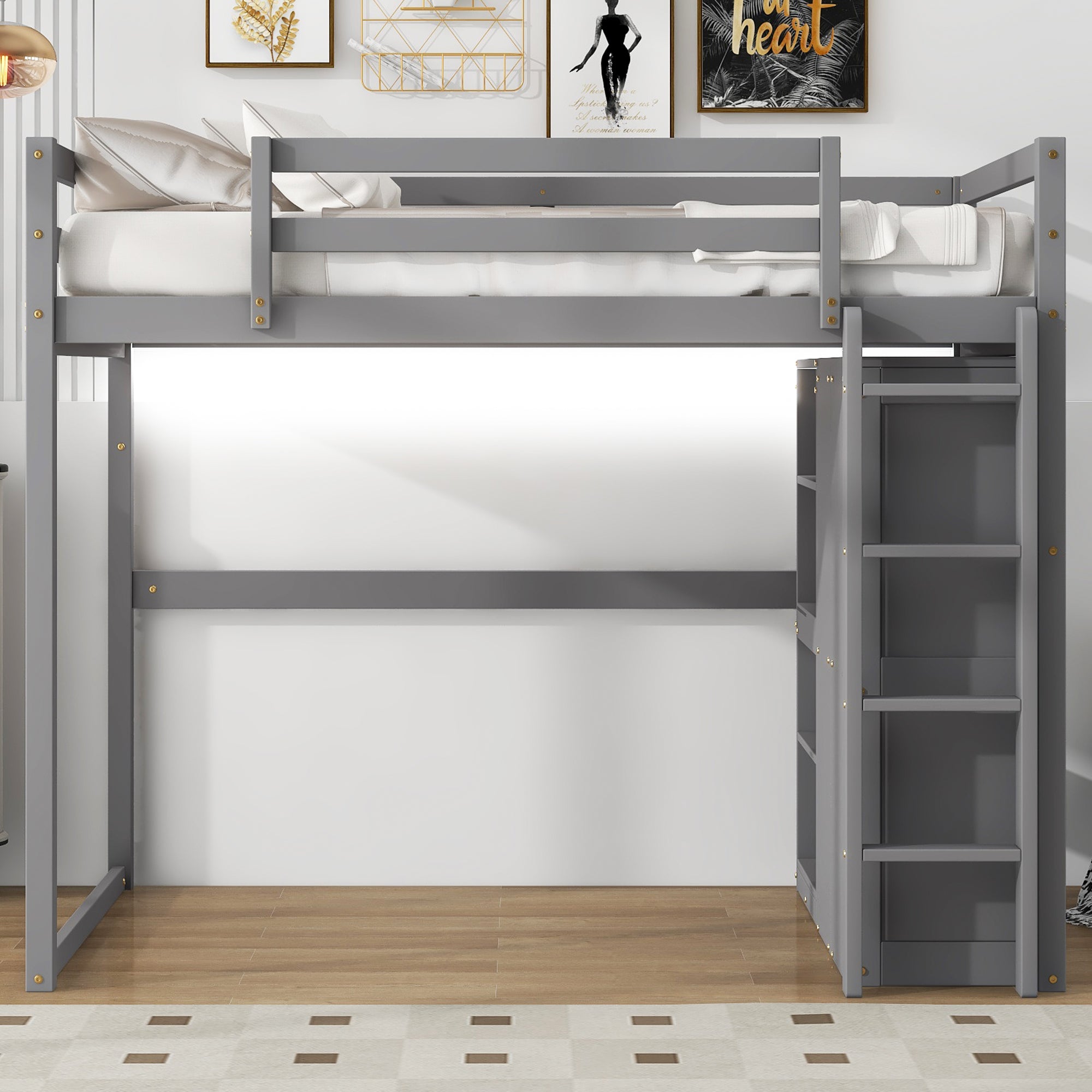 Wood Full Size Loft Bed With Built-in Wardrobe and Storage Shelves