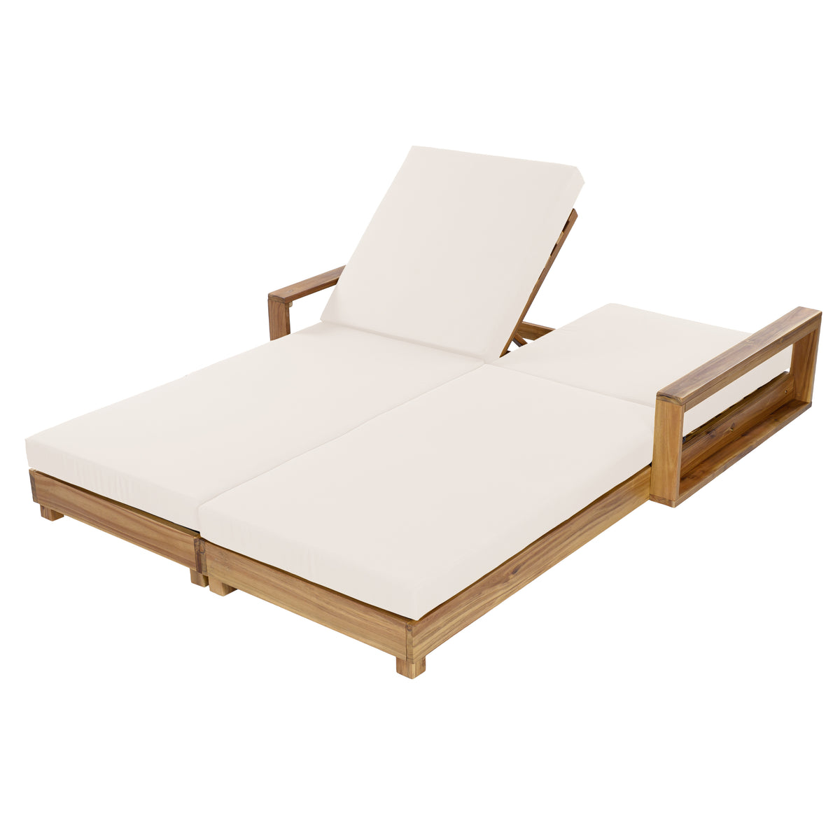 Double Acacia Wood Chaise Lounge Set, 1 Double Recliner with 2 Pieces 2-Fold