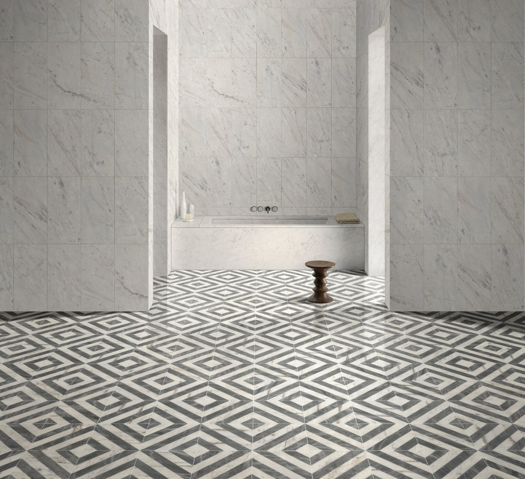 12x12 Waterjet Polished Marble Tile - White & Gray