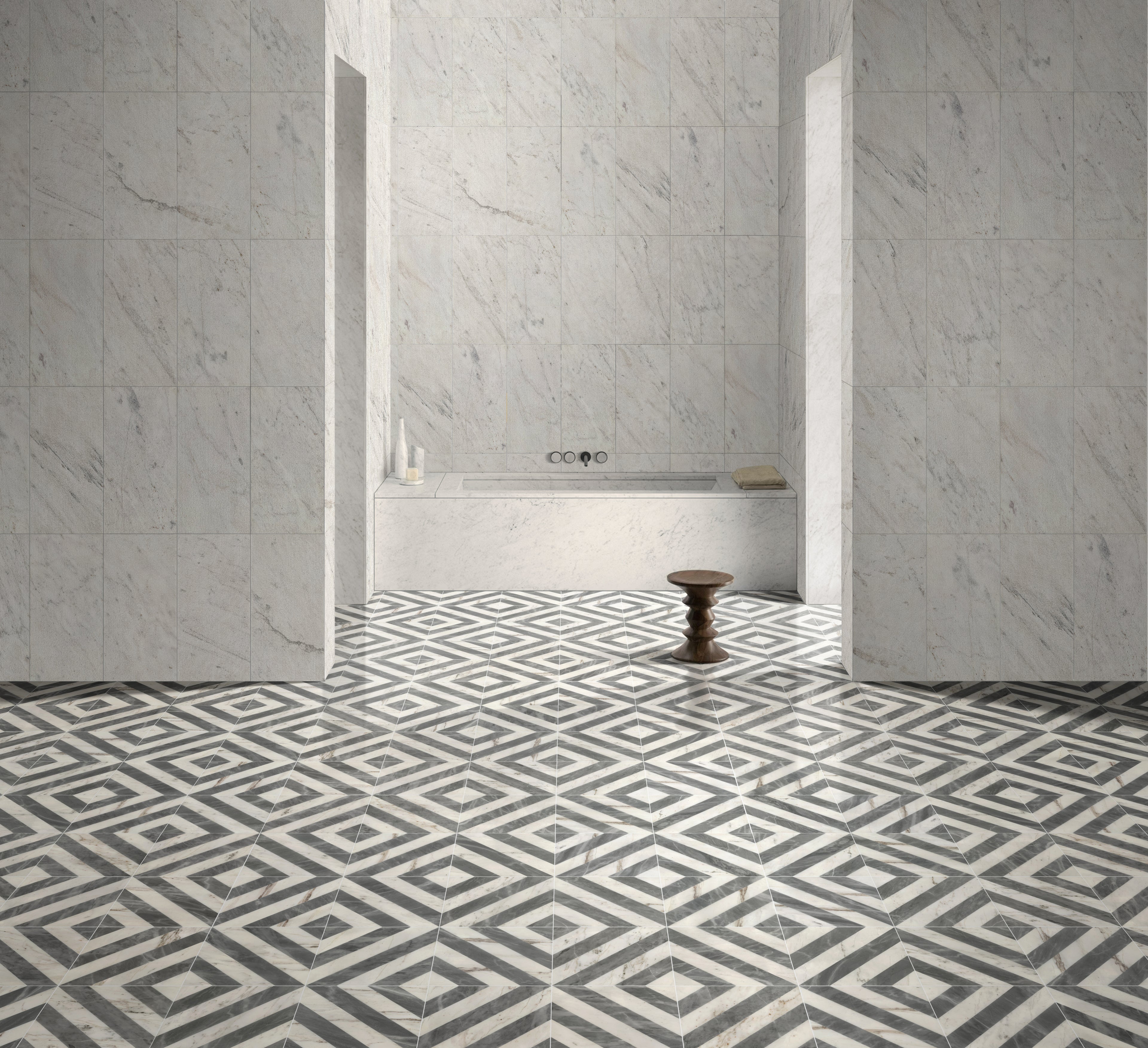 12x12 Waterjet Polished Marble Tile - White & Gray