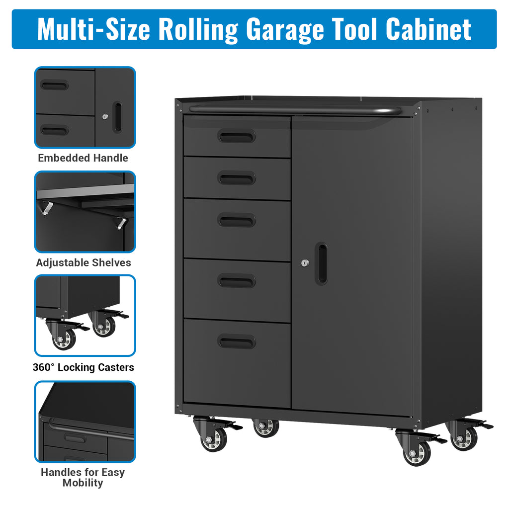 Metal Tool Garage Storage Cabinet with 5 Drawers and 1 Door