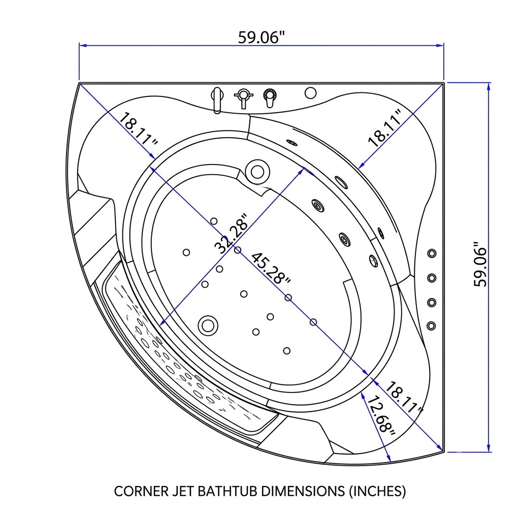 59" Corner Whirlpool Bathtub for 2-Person, Luxury Jetted Spa Tub