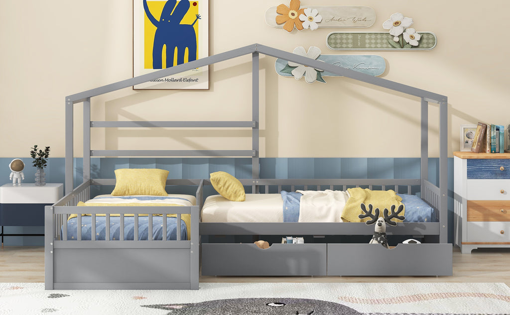 Twin Size House Platform Bed with Three Storage Drawers