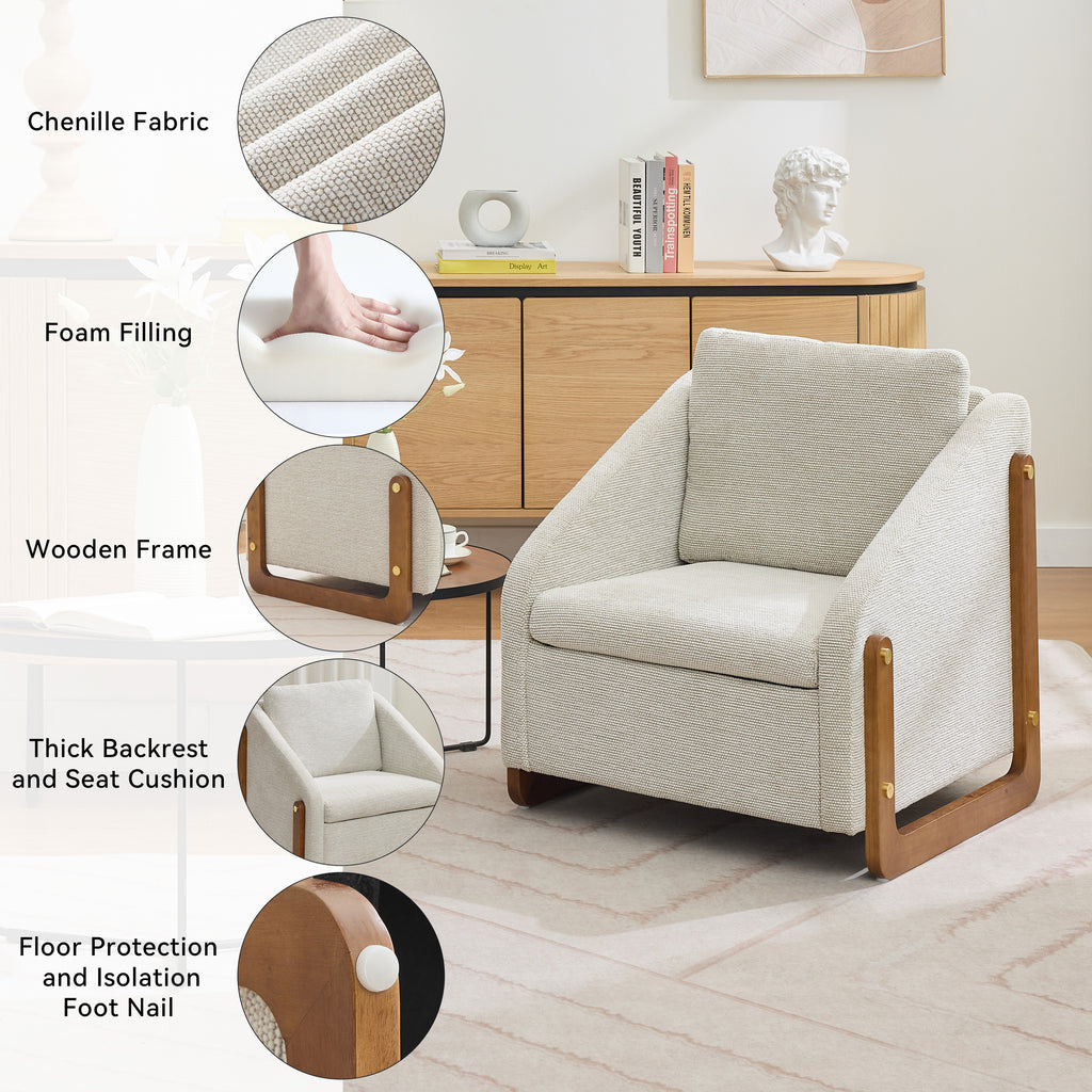 Chenille Fabric Modern Upholstered Armchair with Wooden Side Frame
