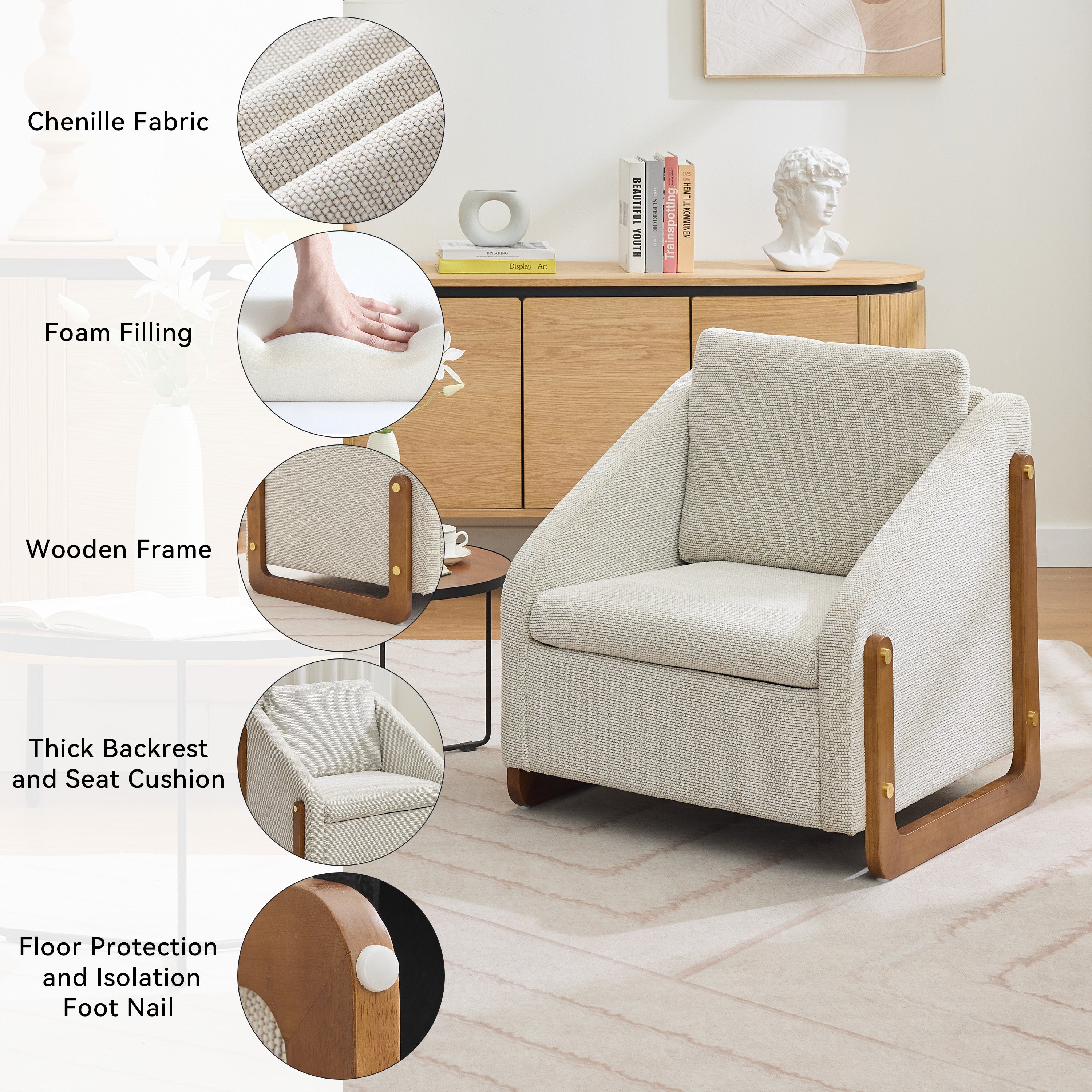 Chenille Fabric Modern Upholstered Armchair with Wooden Side Frame