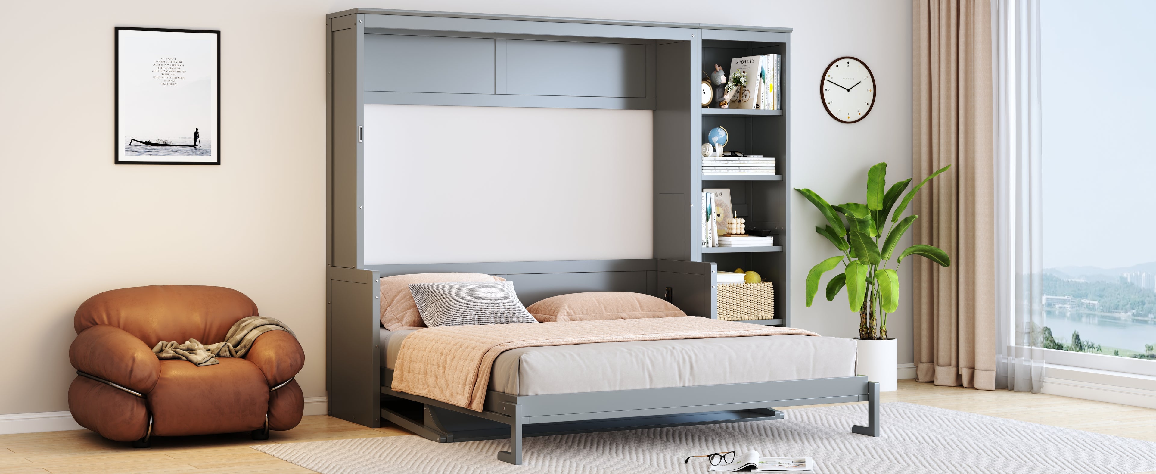 Queen Size Murphy Bed with Desk and Bookshelf