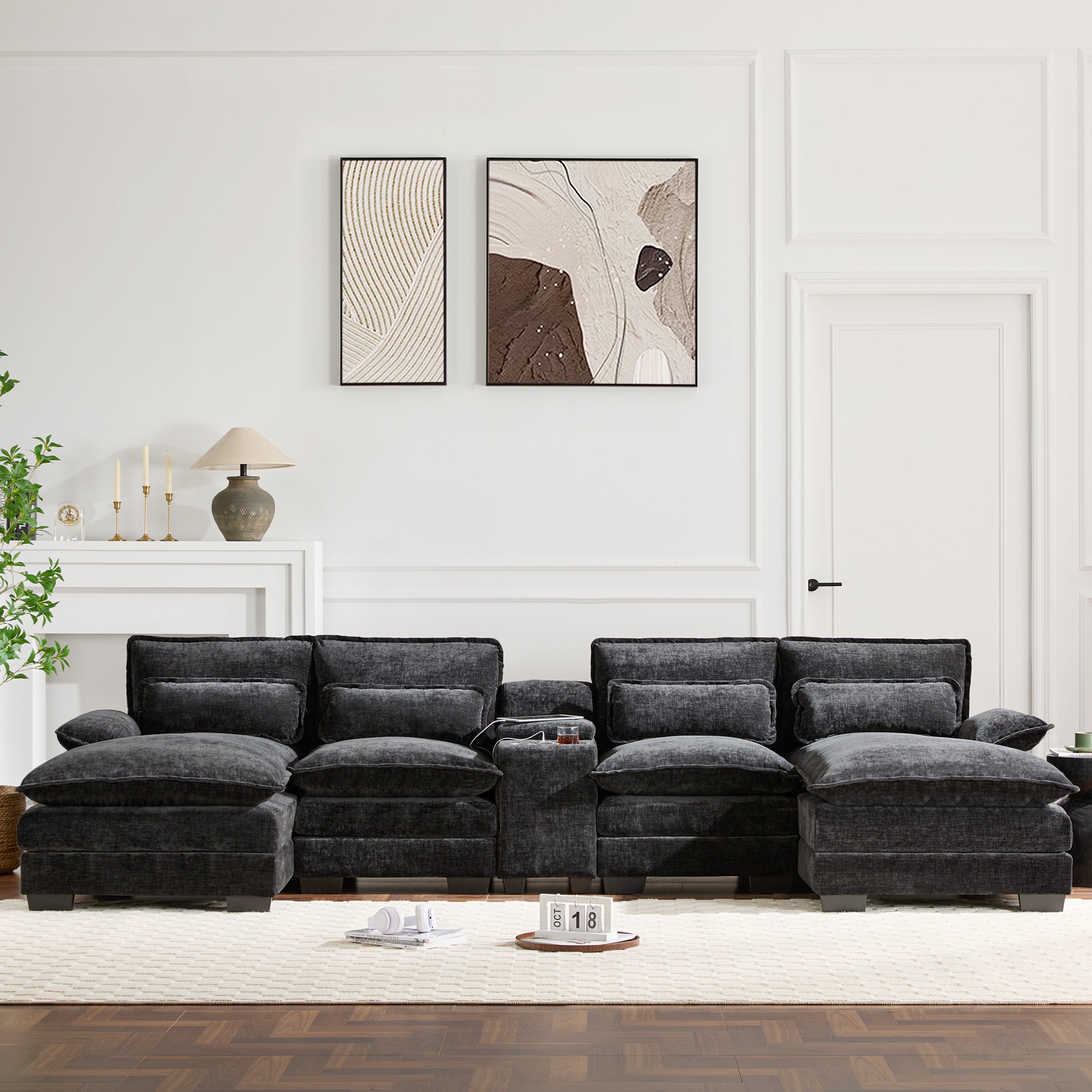 Modern U-Shaped Sectional Sofa with Console, Cup Holders and USB Charger