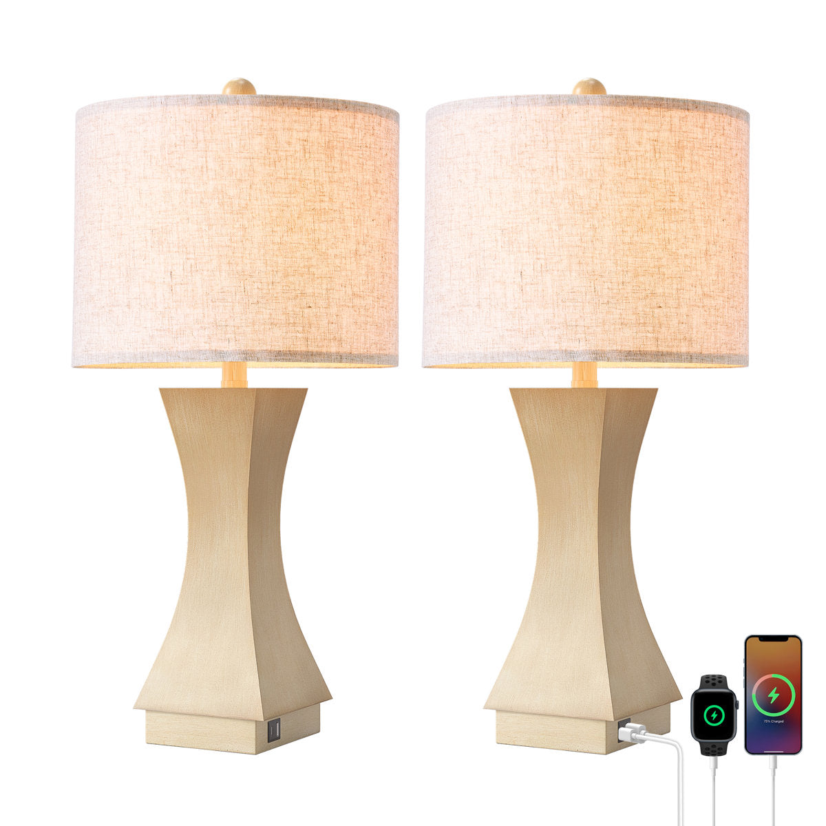 Modern Dimmable Resin Table Lamp with USB Port, 24.5-Inch, Beige, Set of 2