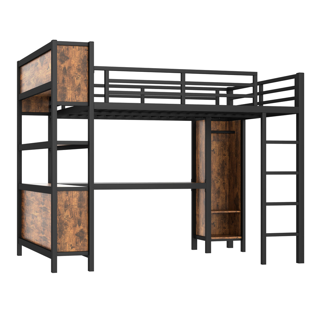 Metal Loft Bed with Wardrobe and L-shaped Desk