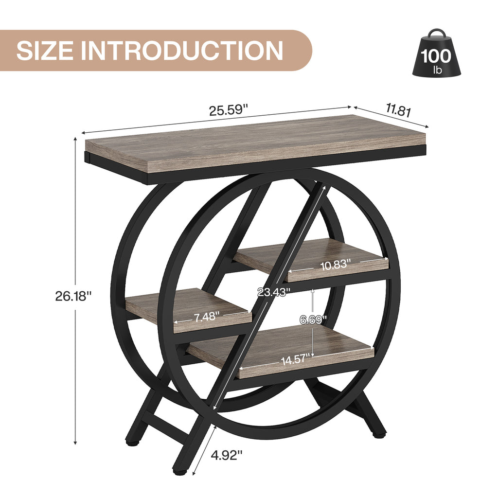 25.59" Industrial Narrow End Table with 3-Tier Storage Shelves