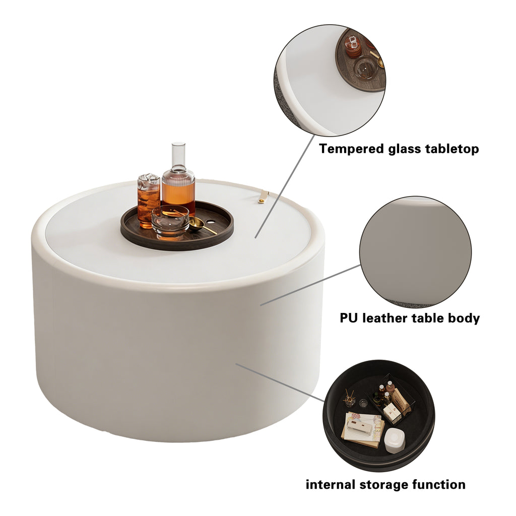 White Round Coffee Table with Tempered Glass Top