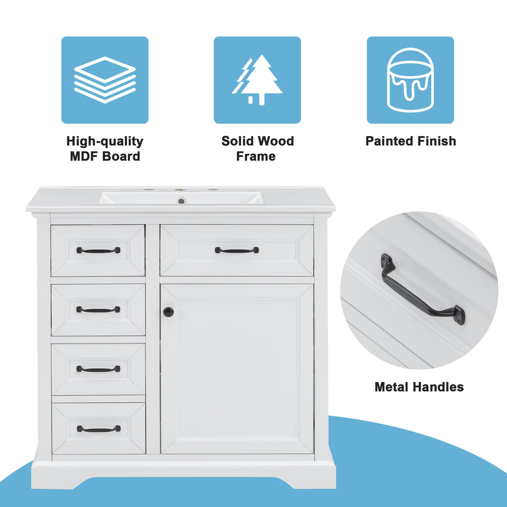 36-Inch Bathroom Vanity with Ceramic Sink Top, 4 Drawers and 1 Soft-Close Door