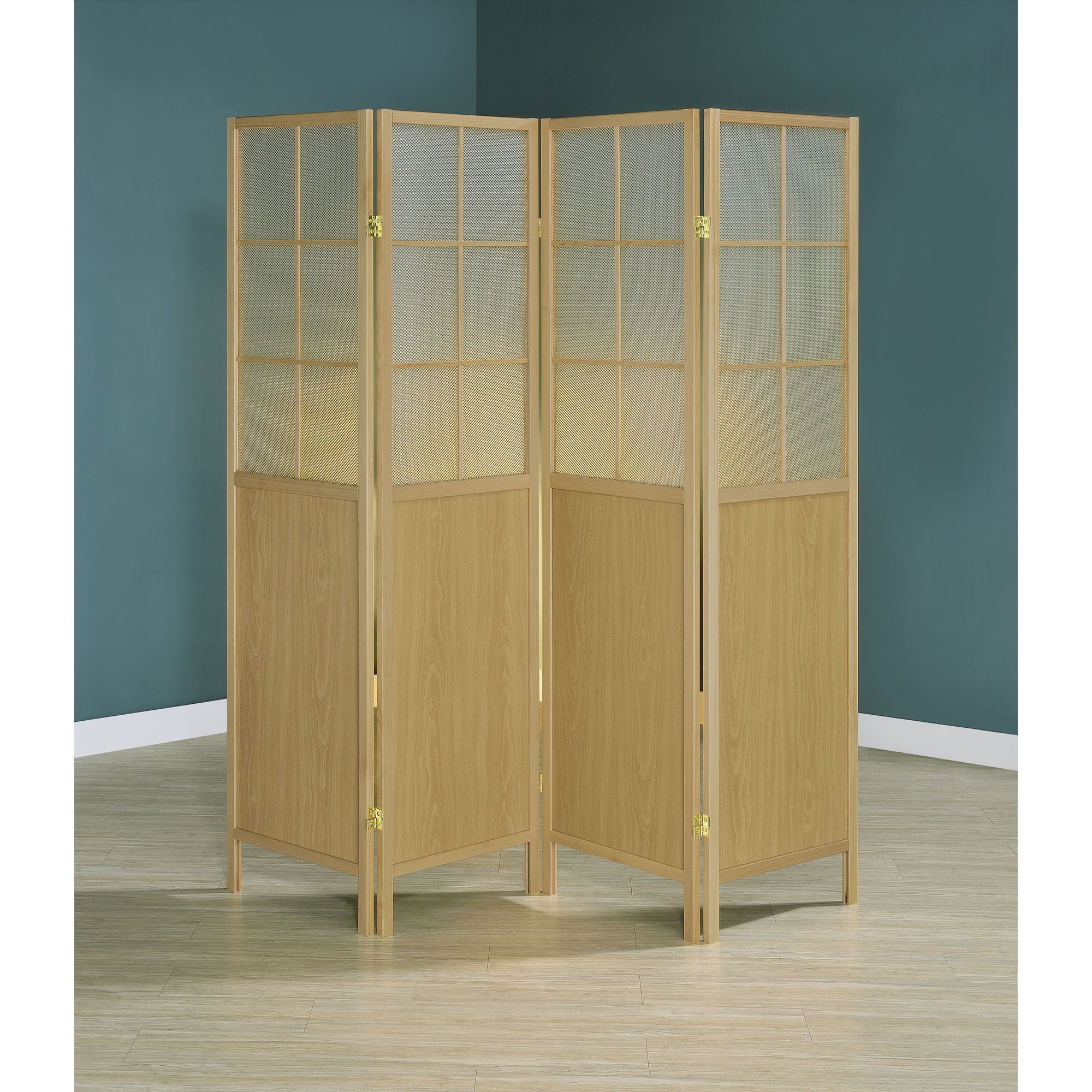 Gabby - 4 Panel Divider Folding Shoji Screen With Windowpane Details - Natural