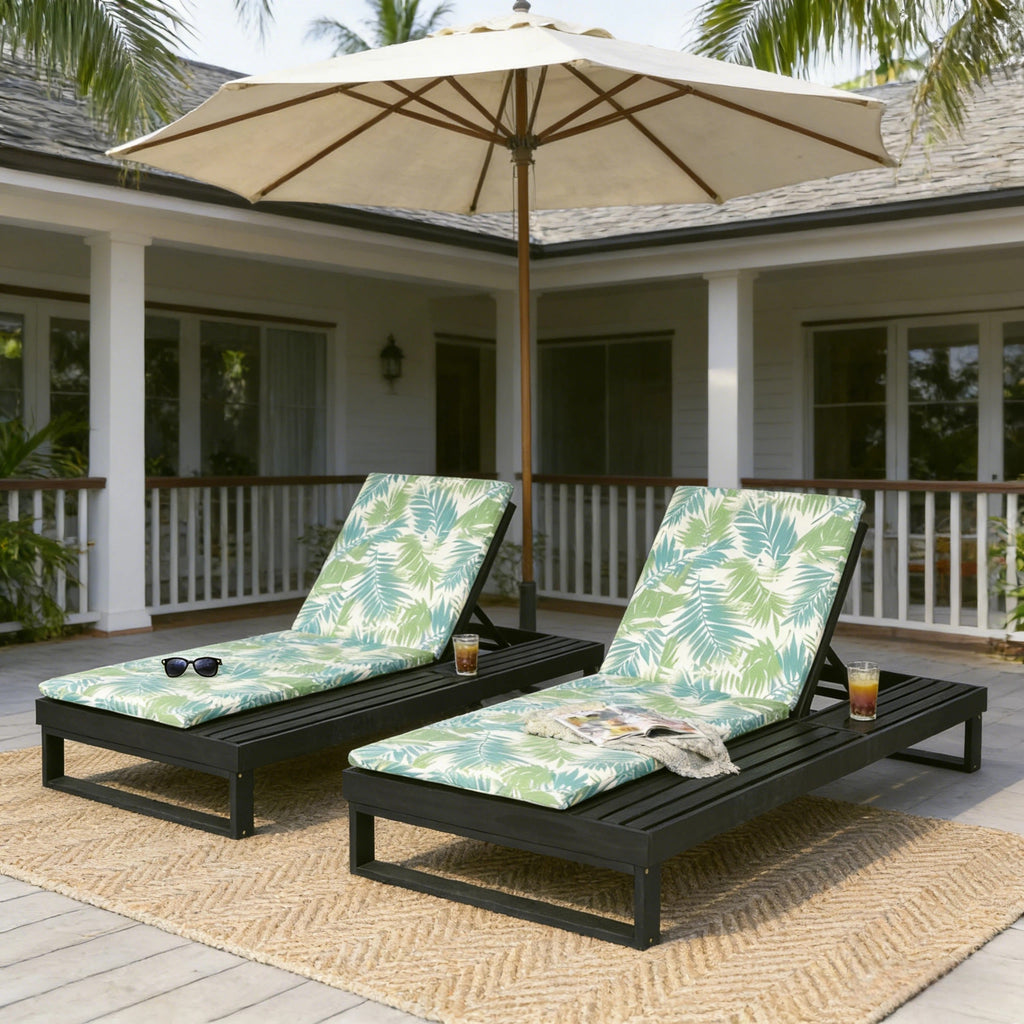Black Acacia Wood Chaise Lounge with Cushion Set