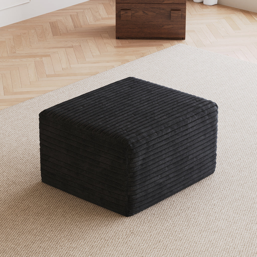 No Assembly Required Sofa Ottoman in Black Plush Corduroy