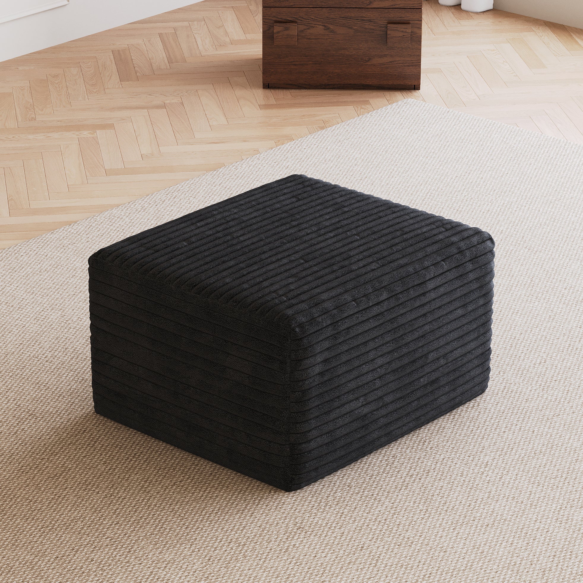 No Assembly Required Sofa Ottoman in Black Plush Corduroy