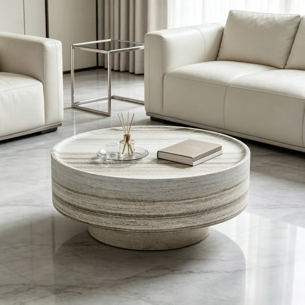 Round 31.5" Coffee Table, Light Gray Fiberglass with Stone Texture