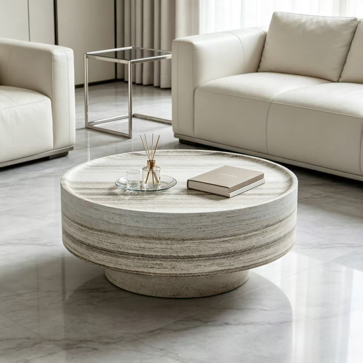 Round 31.5" Coffee Table, Light Gray Fiberglass with Stone Texture