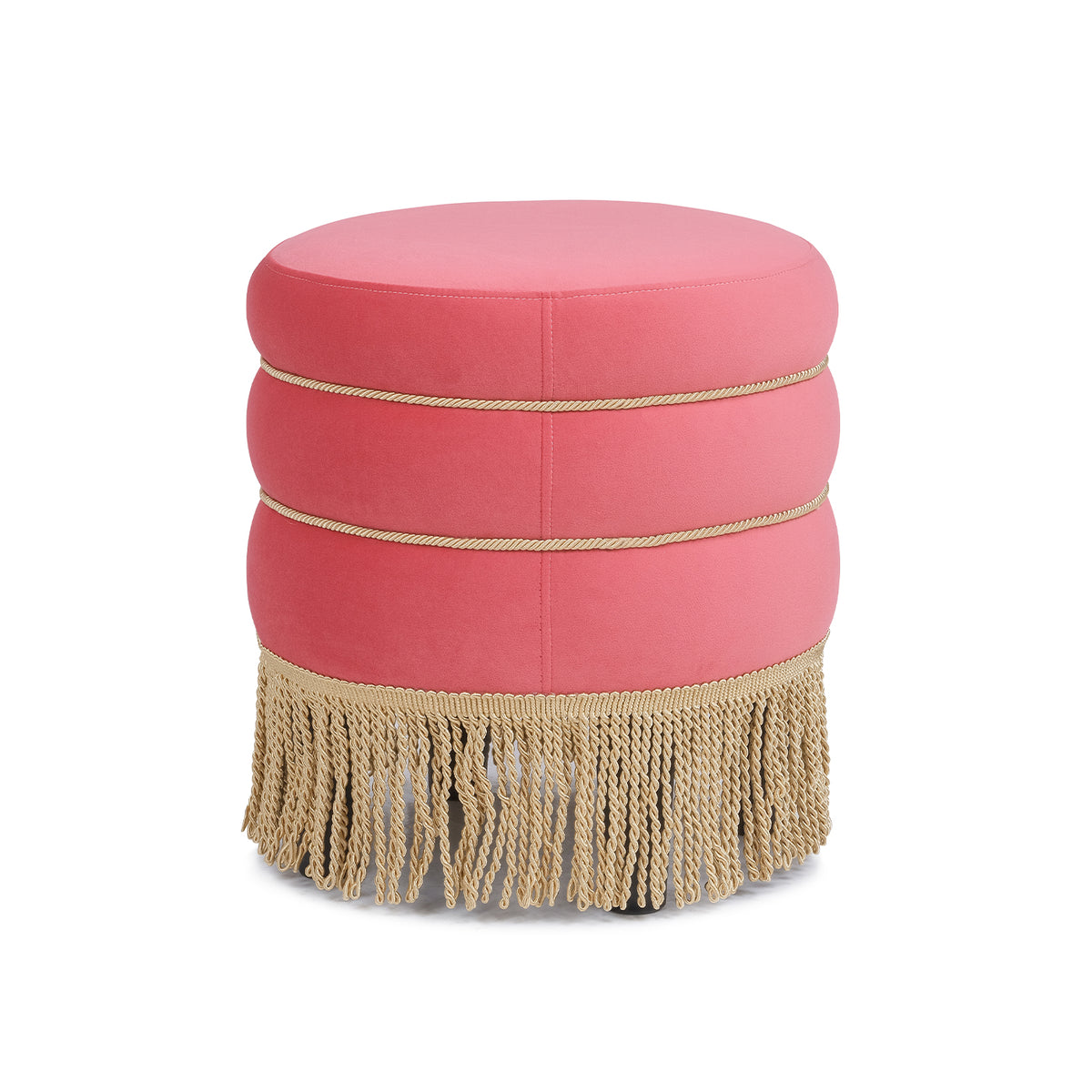 Edward Round Upholstered Ottoman, 17.5-Inch, Rose Pink Velvet with Bullion Fringe