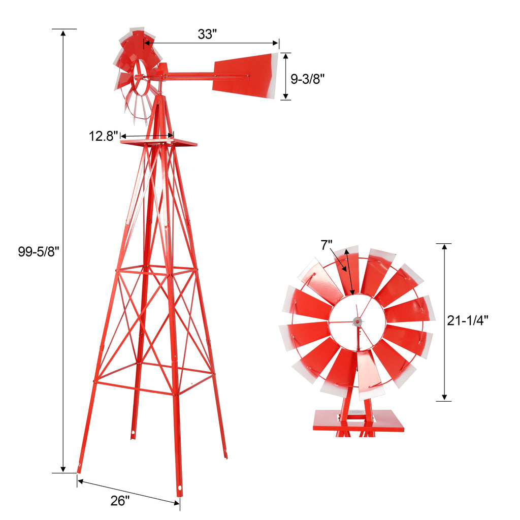 8FT Decorative Garden Windmill, Heavy Duty Metal Yard Ornament with 4 Leg Frame