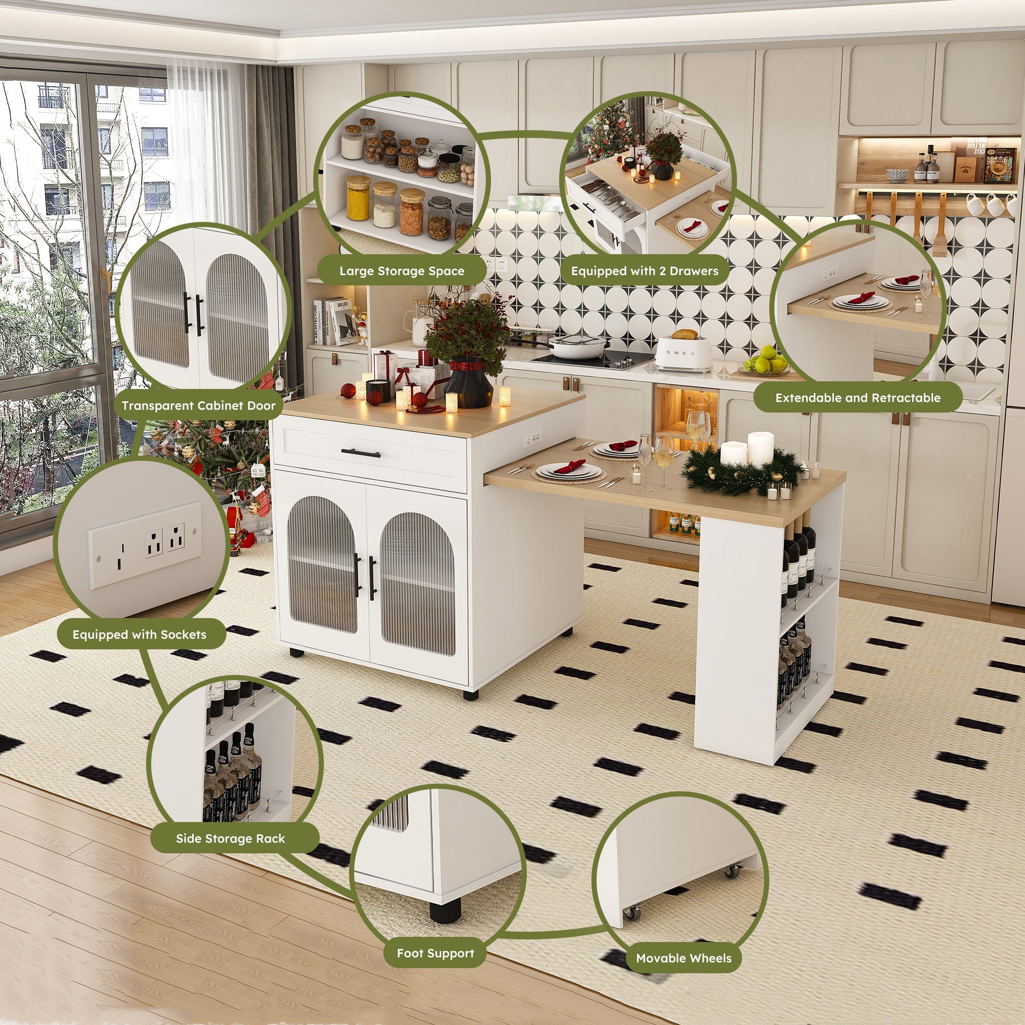 80-Inch Expandable Kitchen Island with Dining Table