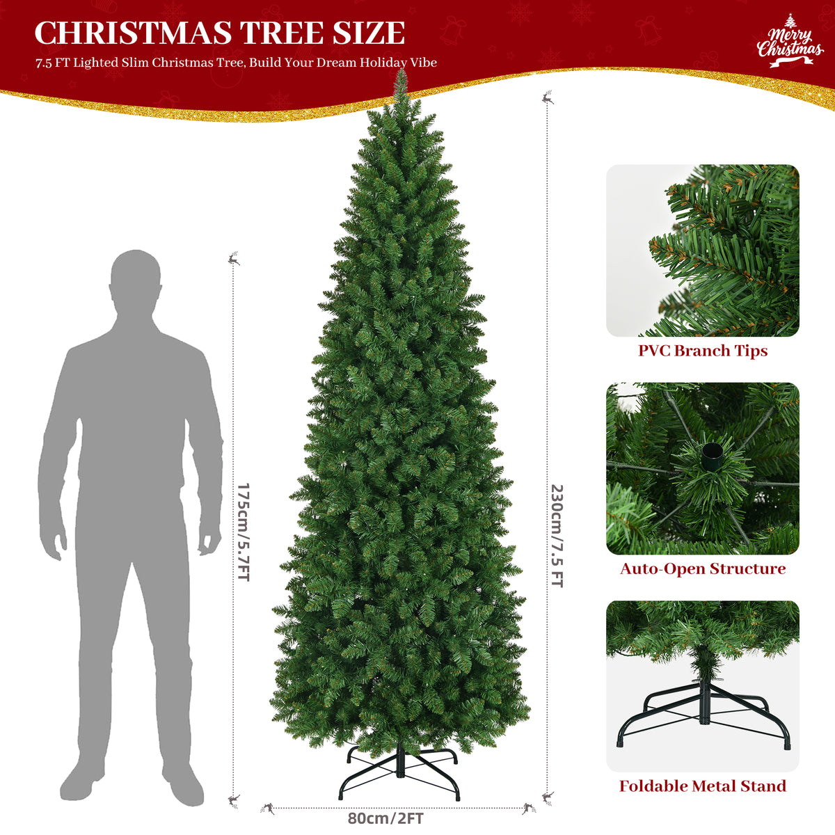 Prelit Pencil Christmas Tree, 7.5-Foot, Warm White and Multicolor LED Lights, Green