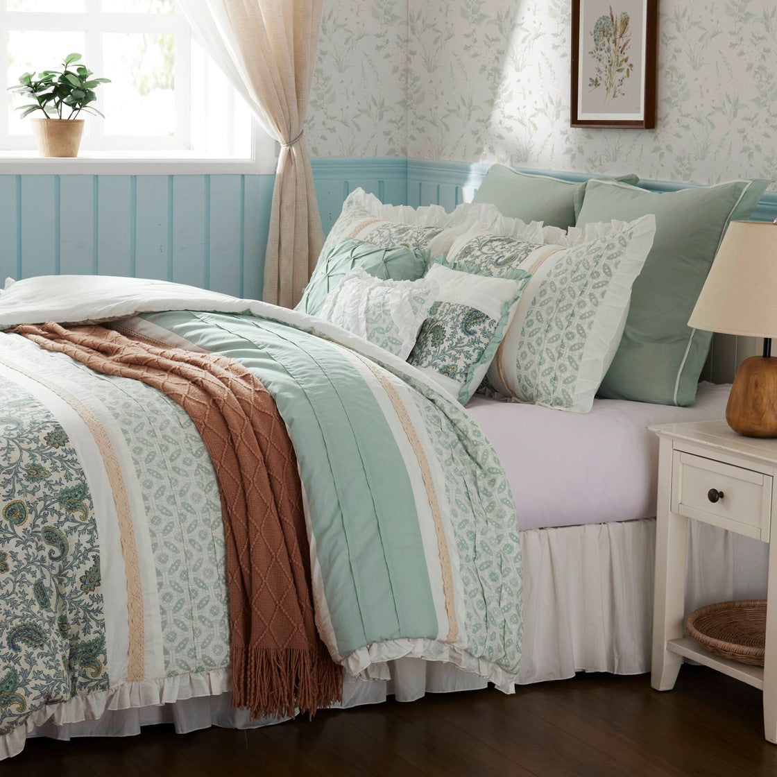 9 Piece Cotton Percale Comforter Set Aqua Queen