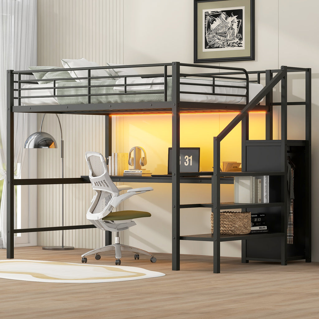 Full Size Metal Loft Bed with Desk, Storage Staircase, Small Wardrobe and LED Light