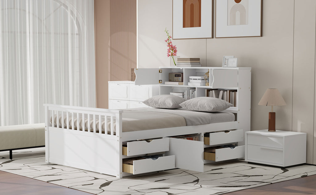 Full Size Captain Platform Bed Frame with Storage Bookcases and Shelves