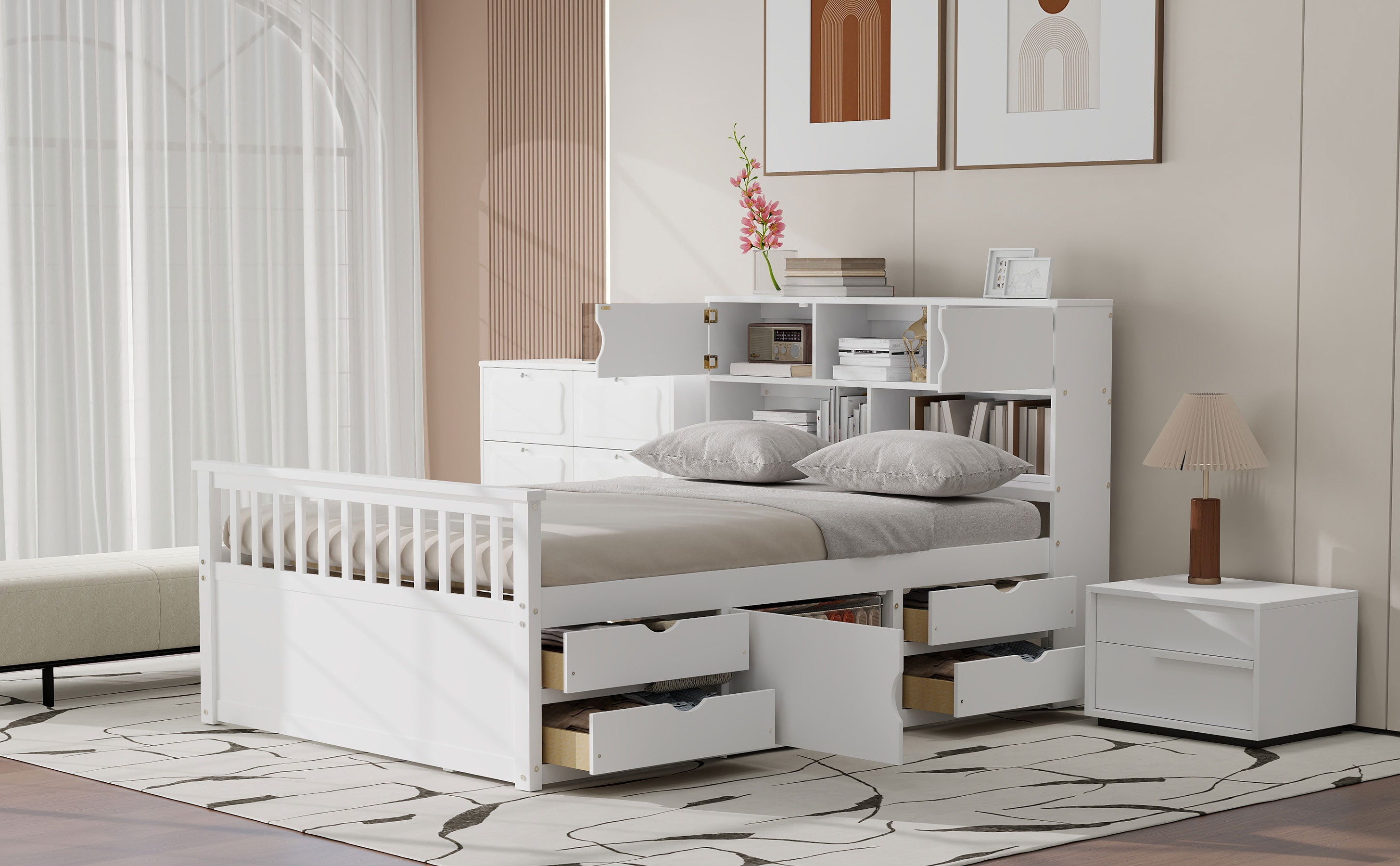 Full Size Captain Platform Bed Frame with Storage Bookcases and Shelves