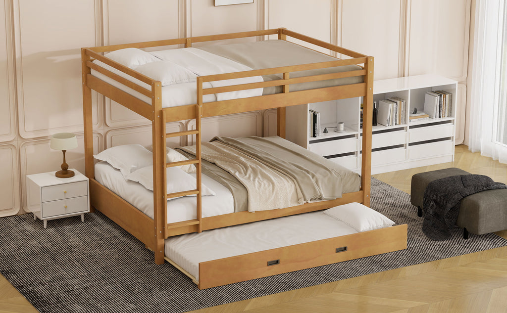 Wood Queen Size Bunk Bed with Ladder and Trundle, Wood Color