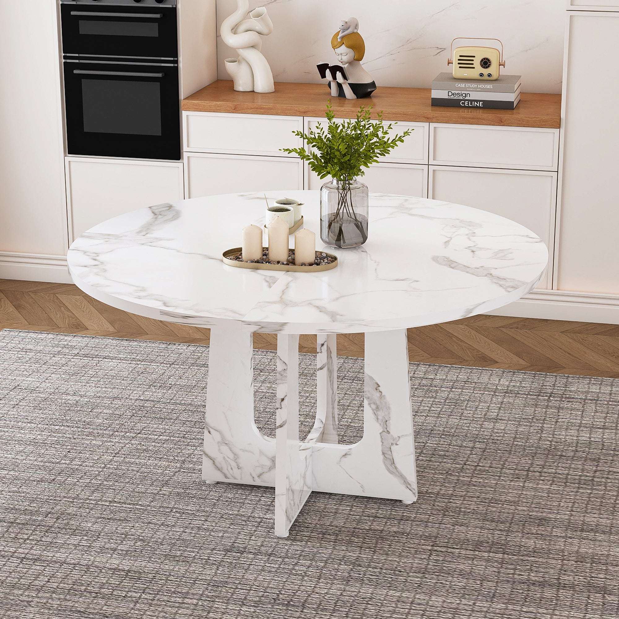 47.24" Round Dining Table for 4 - Farmhouse MDF Table with Marble